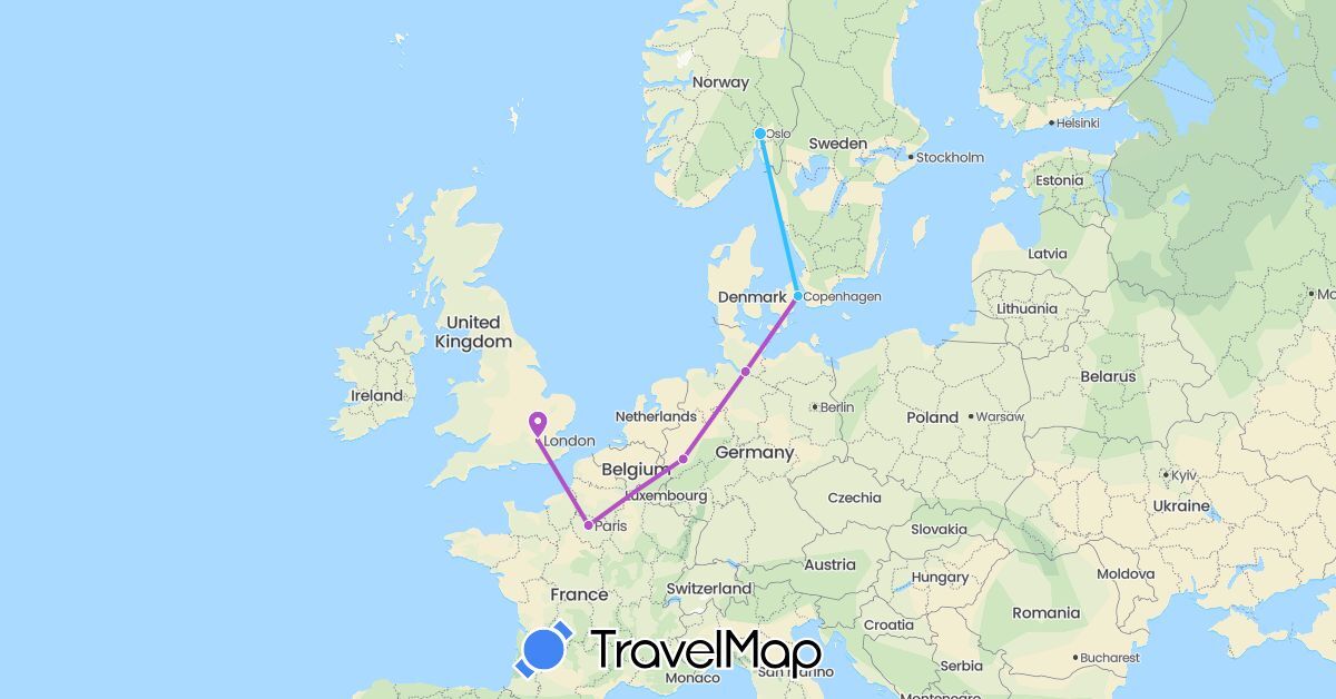 TravelMap itinerary: driving, train, boat in Germany, Denmark, France, United Kingdom, Norway (Europe)